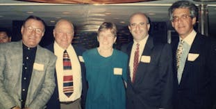 Bob Ginsberg, Bob Becker, Gail Zimmerman, Seth Wohlberg and  Marty Wolfberg smile for a picture. 