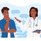 Illustration of a male patient talking to a woman doctor.