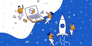 Illustrated graphic of people around a rocket ship and computer.