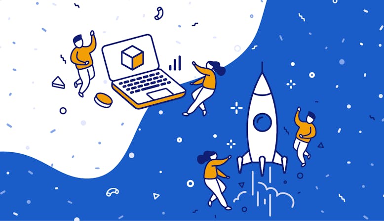 Illustrated graphic of people around a rocket ship and computer.
