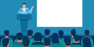 Illustration of a doctor addressing a crowd at 2022 Fall Dermatology Clinical