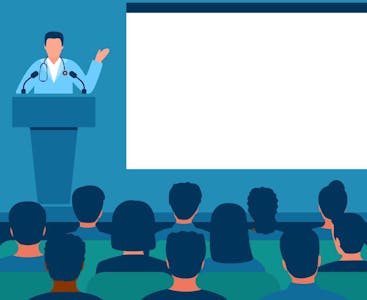 Illustration of a doctor addressing a crowd at 2022 Fall Dermatology Clinical