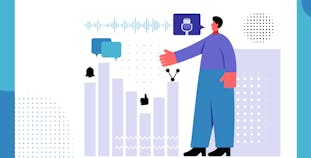 An illustrated person talking into a microphone for a podcast.