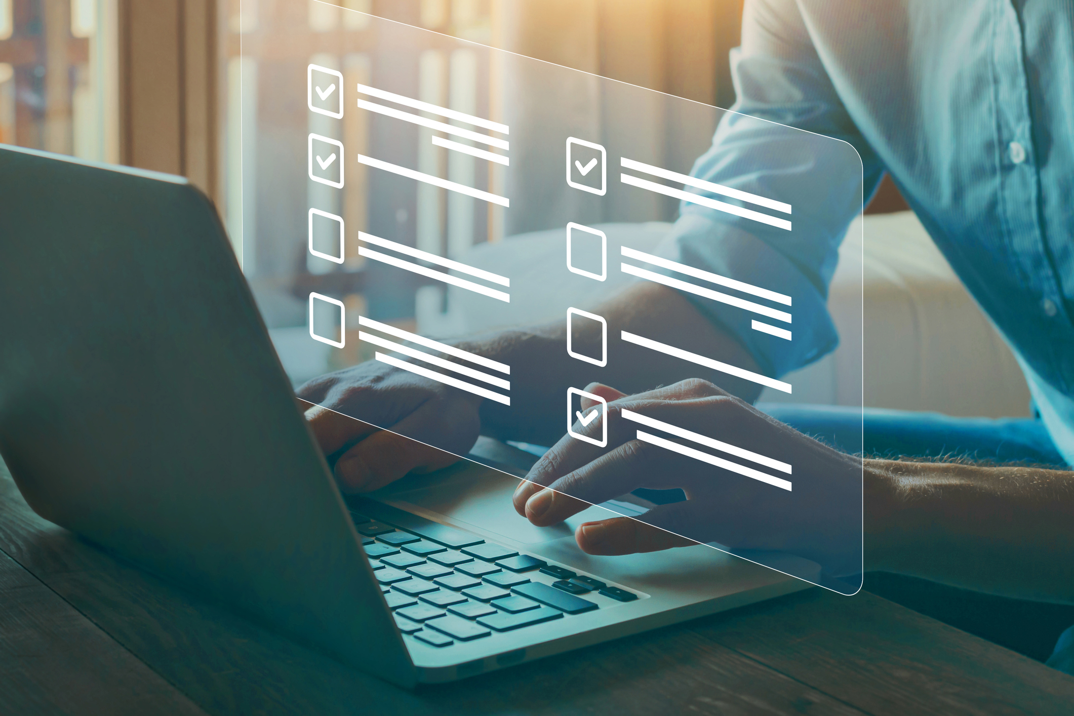 A persons hands shown on a laptop keyboard with an overlaid image of checkboxes and survey questions.