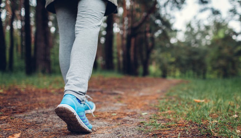 A shot of a woman's legs as she is walking on a path through the woods.
