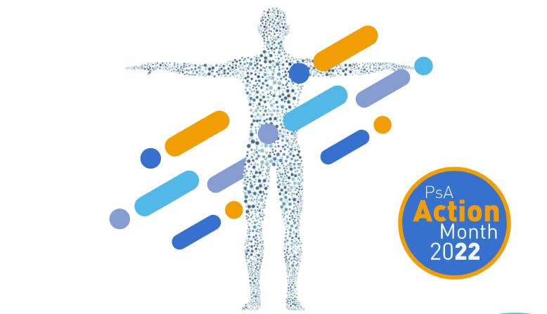 A graphic of a body made out of networked dots, with a graphic for PsA Action Month 2022 overlaid.
