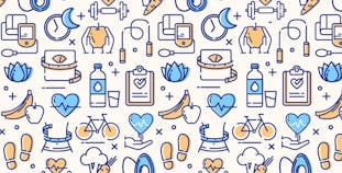 Illustration with multiple icons representing healthy living, eating and staying active.