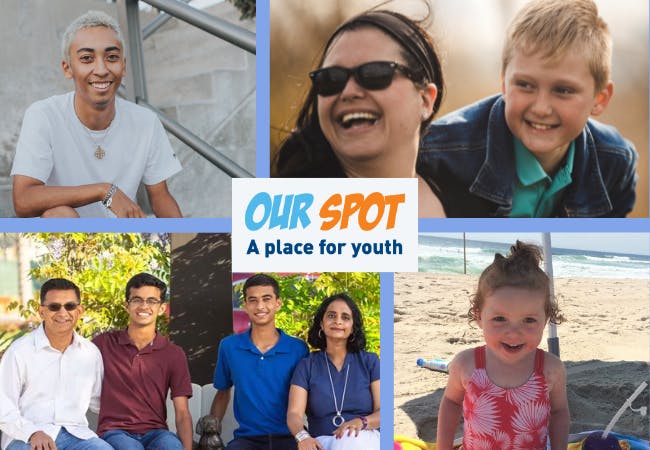 Families and kids living with psoriatic disease and thriving. "Our Spot: A place for youth" logo overlaid.
