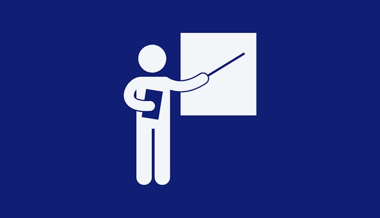 A figure of a person with a pointer gesturing to a presentation.