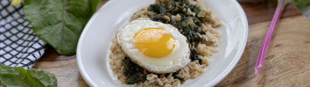 A dish of health grains and greens with a fried egg on top.