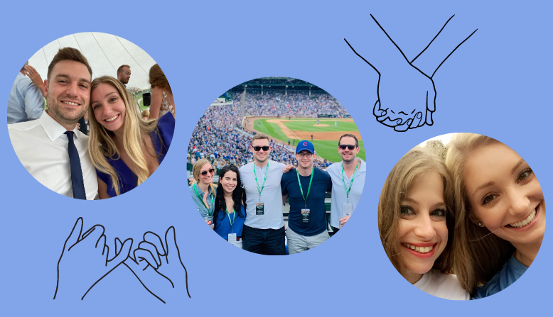 A photo collage of Melissa Leeolou with friends and her fiance. 