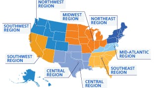 Map of the United States with NPF Regions in different colors.