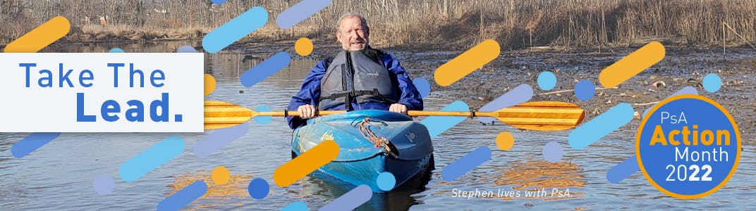 Stephen lives with psoriatic arthritis (PsA), pictured in a kayak with graphics for PsA Action Month 2022 and the tagline "Take the Lead".