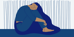 Illustration of woman sitting holding her knees looking sad.