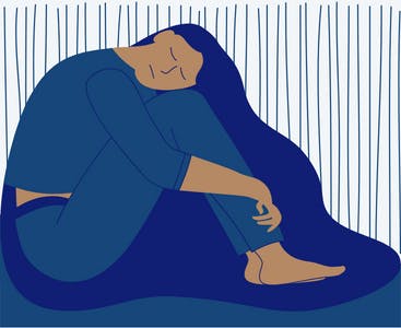 Illustration of woman sitting holding her knees looking sad.