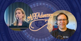 Headshots of NPF's Sarah Buchanan and George Gondo, with the #NPFAdvocacy graphic.