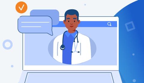 Illustration of a doctor appearing on a laptop screen.