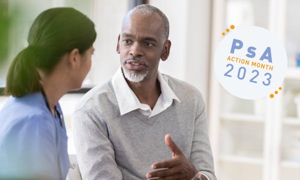 An older Black man talks to a health care provider. PsA Action Month 2023 graphic overlaid.