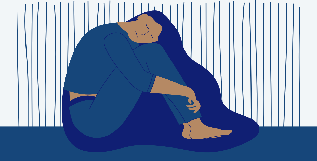 Illustration of woman sitting holding her knees looking sad.