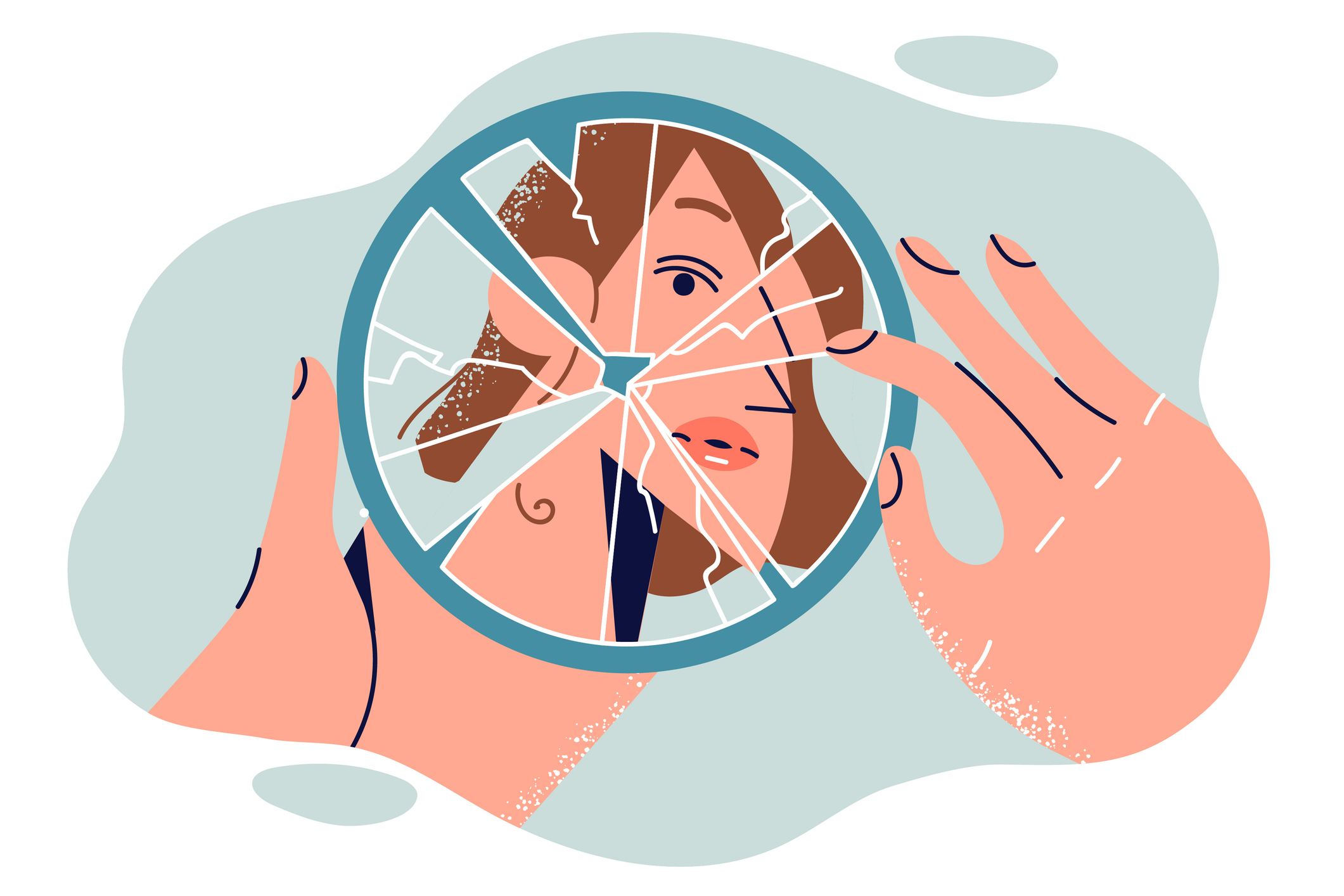 An illustration of a woman looking into a shattered mirror.