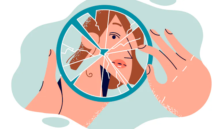 An illustration of a woman looking into a shattered mirror.