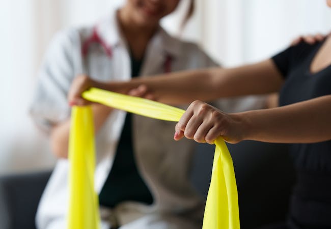 A woman is guided by a doctor to stretch using a yellow band.