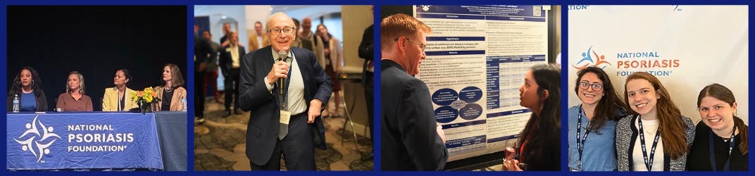 A collection of photos from the Annual Dermatology Residents' and Rheumatology Fellows Meeting: a panel on stage, Dr. Lebwohl, a poster session, and attendees.