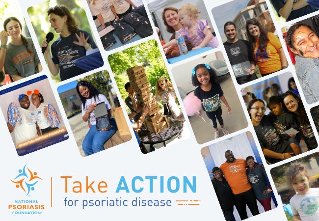 Take ACTION for Psoriatic Disease logo with a variety of images from previous events of people having fun.