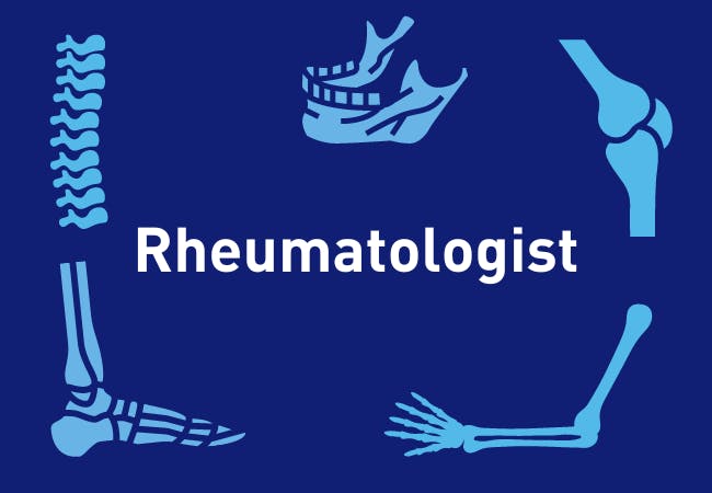 The word "Rheumatologist" surrounded by bone joints.
