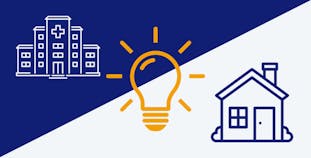 A graphic of a lightbulb, house, and hospital shown in blue, white, and orange.