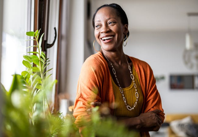 A happy woman smiling.