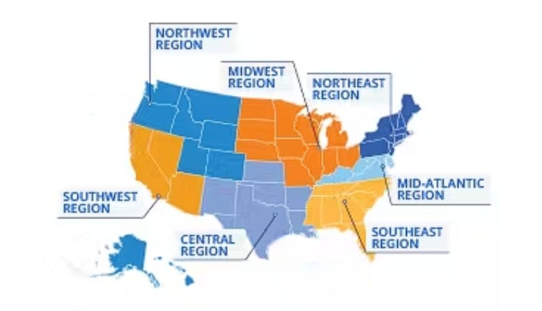 Map of NPF regions in different colors.