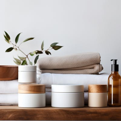 A collection of containers of moisturizers and lotions with towels piled behind.