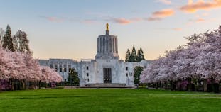 A picture of the Oregon capitol building surrounded by cherry trees in blossom.