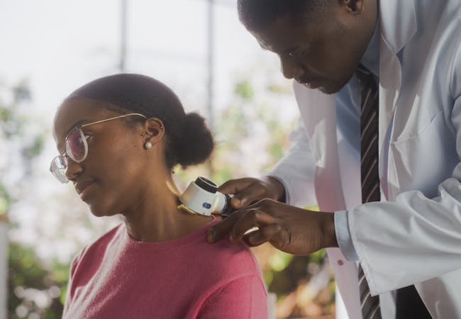 A doctor is looking at the skin on a patient's neck.