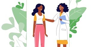An illustration of a Black woman doctor and a Black woman patient.