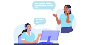 A graphic of a person with a headset in front of a computer and another person on a cell phone.