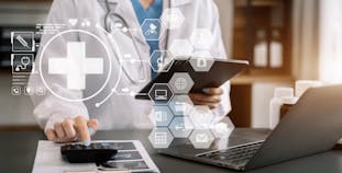 A doctor works on a calculator while holding a clipboard. Medical expense concept.