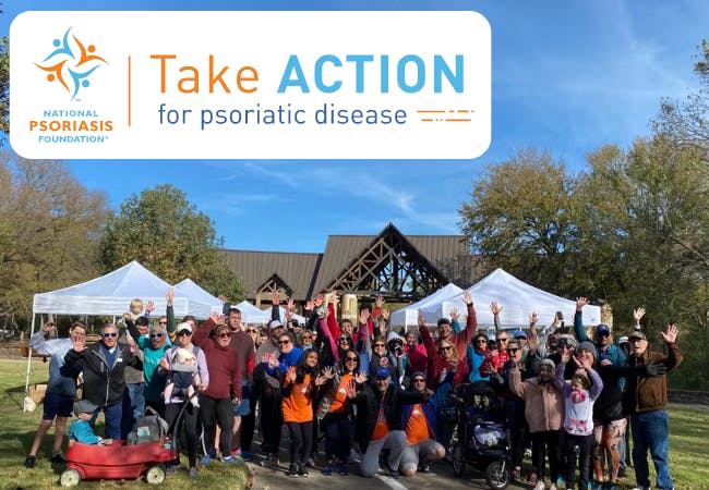 Take ACTION for Psoriatic Disease graphic over a photo of a group of excited people at an NPF event.