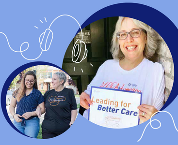 Images of Julie Greenwood and her daughter overlaid with a graphic of headphones.