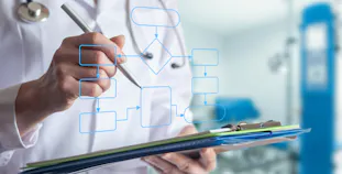 A doctor with a clipboard and a graphic of a decision tree.