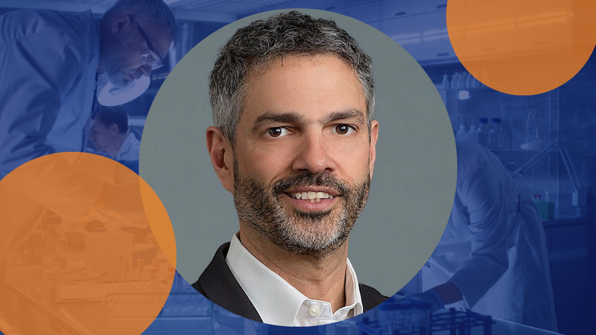 A headshot of Jose Scher overlaid a photo of researchers in a lab.