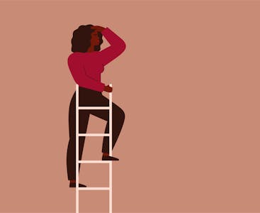 A woman climbs to the top of the ladder and looks in the distance.