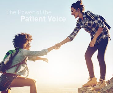 Two women help each other hike up a mountain with the words "The Power of the Patient Voice" in the background.