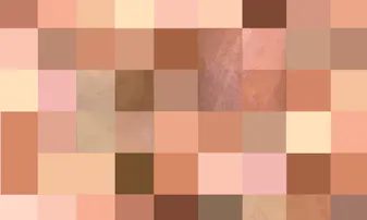 A patchwork of various skin tones with photos of psoriasis on skin of color underlaid.