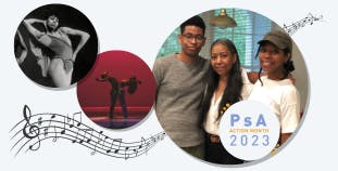 Sharon Pryor is shown with her family and dancing in several performances, with a graphic of musical notes. PsA Action Month 2023 graphic overlaid.