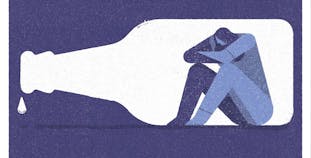 An illustrated woman inside a bottle to symbolize alcoholism and depression.
