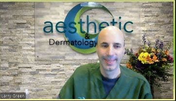 Dr. Larry Green sitting in scrubs on a video call with Aesthetic & Dermatology sign behind him.