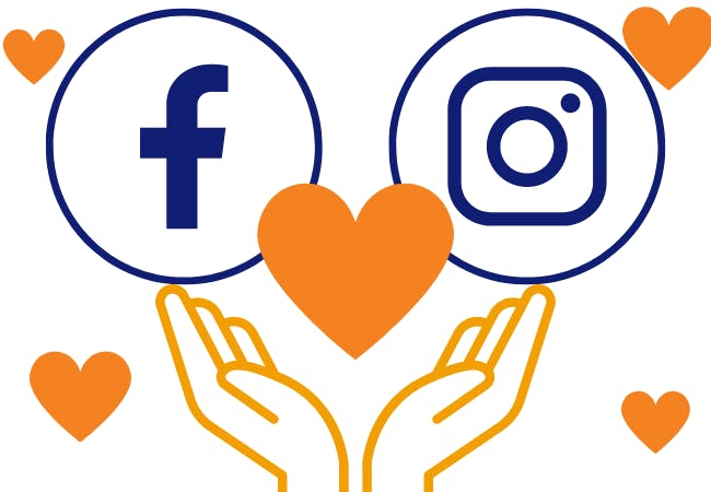 Facebook and Instagram icons surrounded by hearts with "giving hands" below.