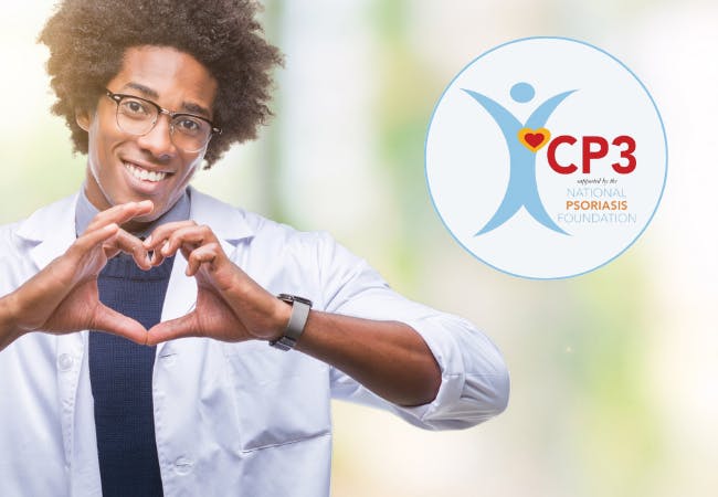 A doctor holds his hands in a heart shape. The CP3 study logo is overlaid.